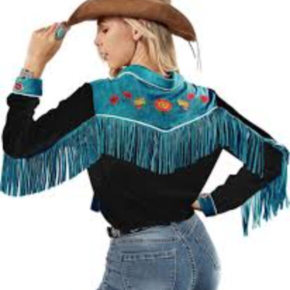 JOHN MOON WESTERN FRINGE EMBROIDERED BUTTON DOWN SHIRT, LARGE NEW WITH TAGS - Picture 2 of 7